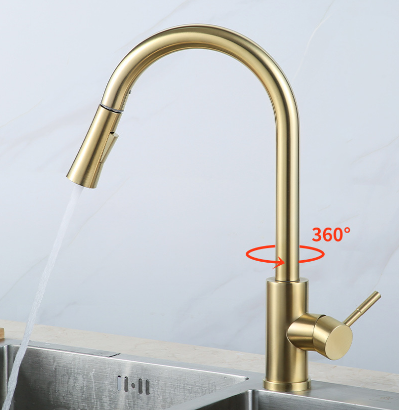 304 Stainless Steel Hot Cold Water Faucet Gold Pull-out Sprayer Single Handle 3 Way Kitchen Sink Tap Faucet