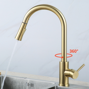 304 Stainless Steel Hot Cold Water Faucet Gold Pull-out Sprayer Single Handle 3 Way Kitchen Sink Tap Faucet