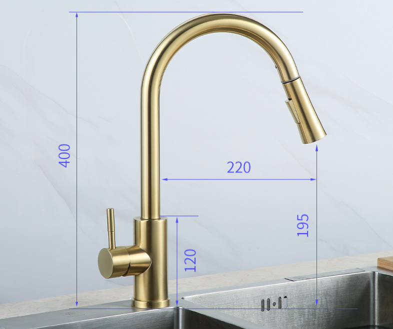 304 Stainless Steel Hot Cold Water Faucet Gold Pull-out Sprayer Single Handle 3 Way Kitchen Sink Tap Faucet