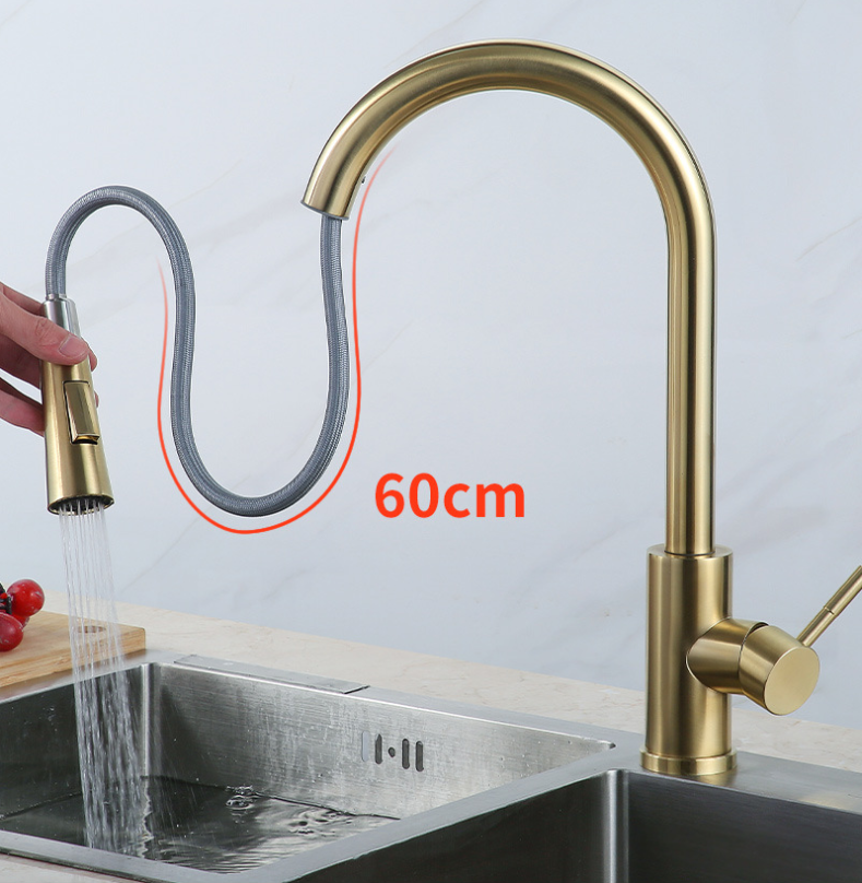 304 Stainless Steel Hot Cold Water Faucet Gold Pull-out Sprayer Single Handle 3 Way Kitchen Sink Tap Faucet