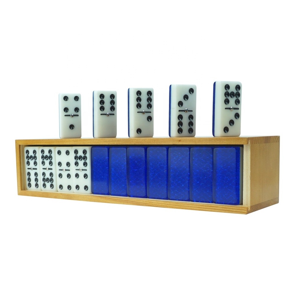 Professional customized double 9 nine acrylic domino set 55pcs blue white two-tone dominos with spinner in wooden box for  games