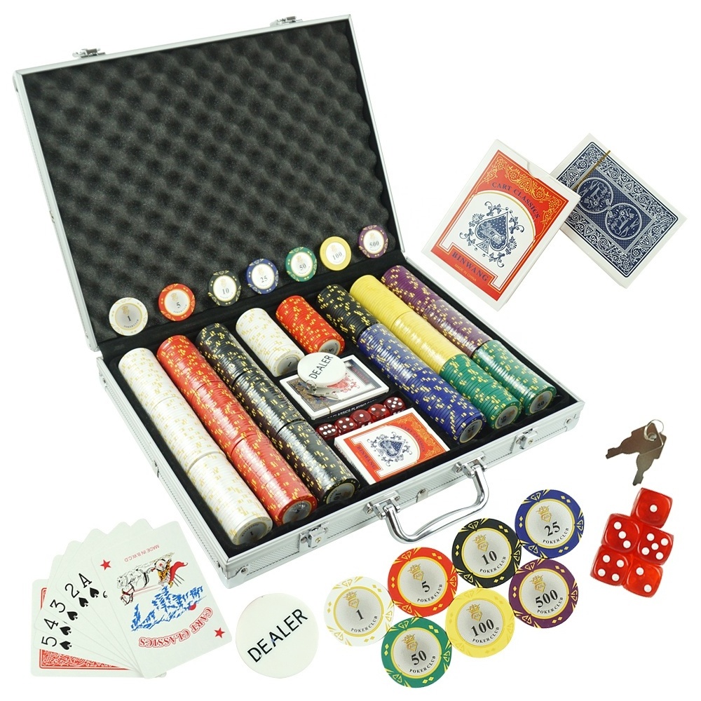 New arrival casino sticker poker chip set with aluminium of 500pcs clay poker chips wholesale