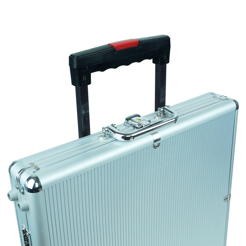 Luxury 1000 chip Poker Trolley Case with Wheels empty Silver Aluminum box for poker chips storage