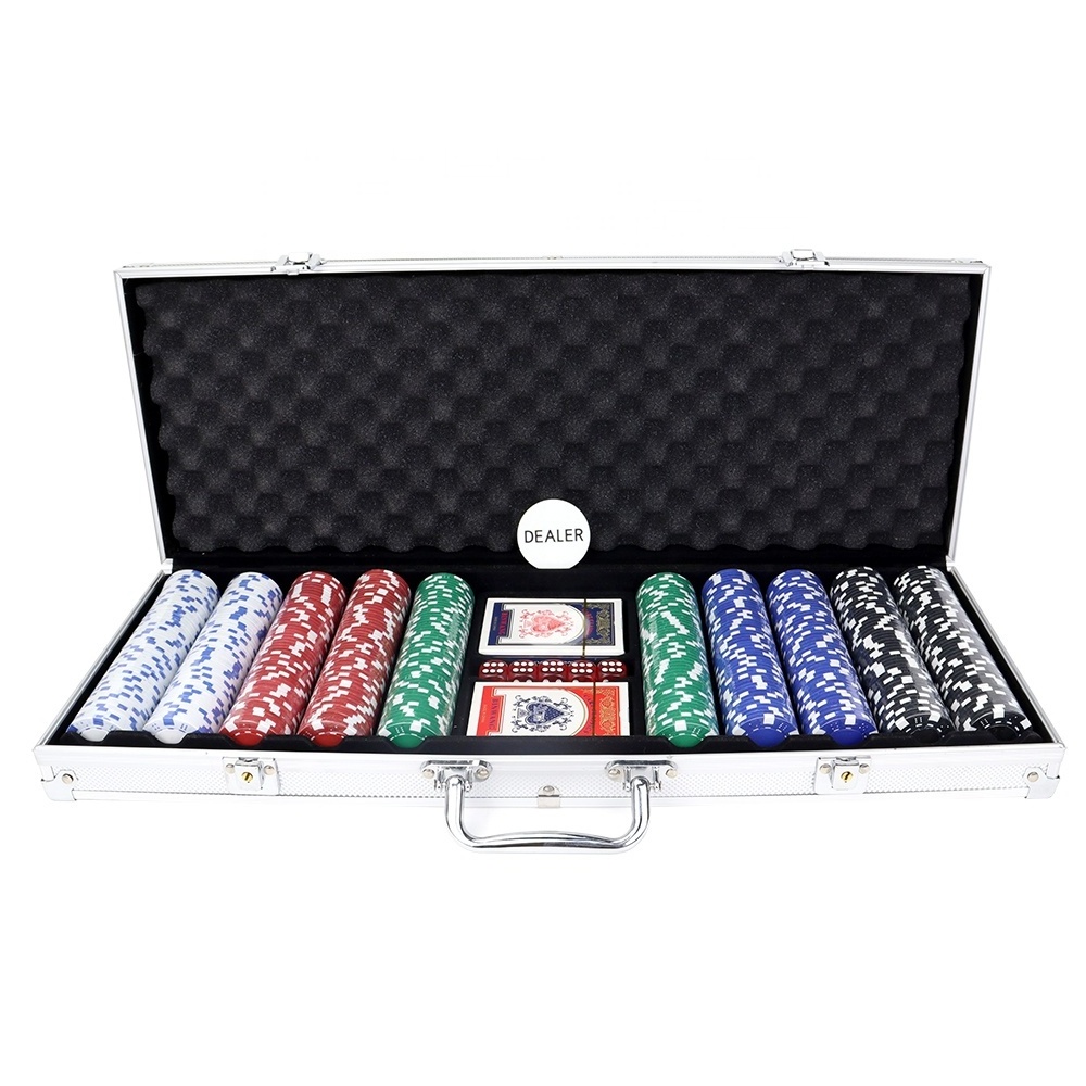 Wholesale 500 color dice poker chips with include 2 poker cards and 1 dealer in a hard durable aluminum case for gambling game