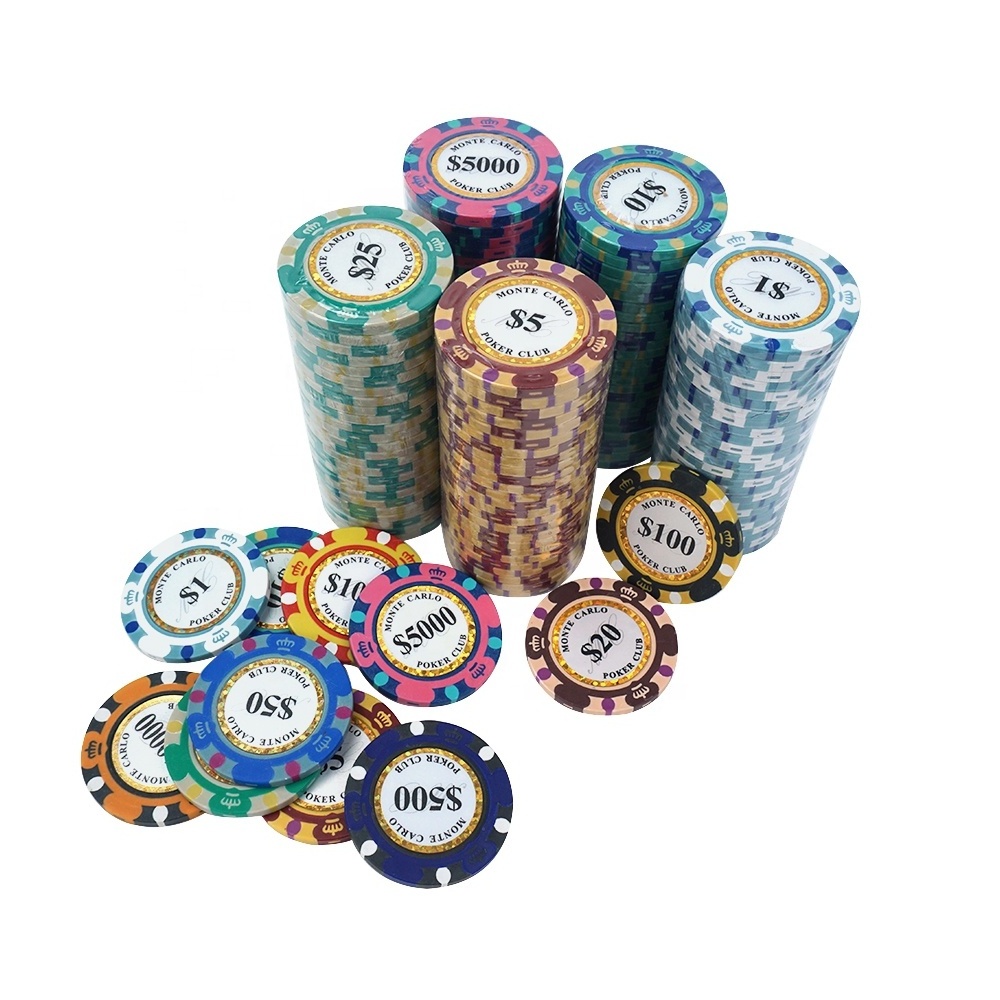 Wholesale low moq 11colored monte carlo three tone poker chips tournament clay 14g 50mm pack of 25 or 50pcs per roll for casino