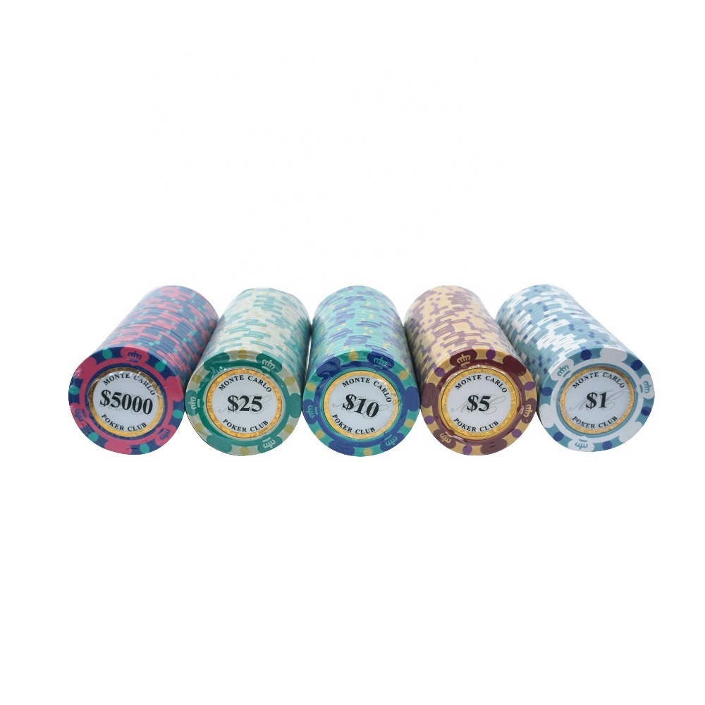 Wholesale low moq 11colored monte carlo three tone poker chips tournament clay 14g 50mm pack of 25 or 50pcs per roll for casino