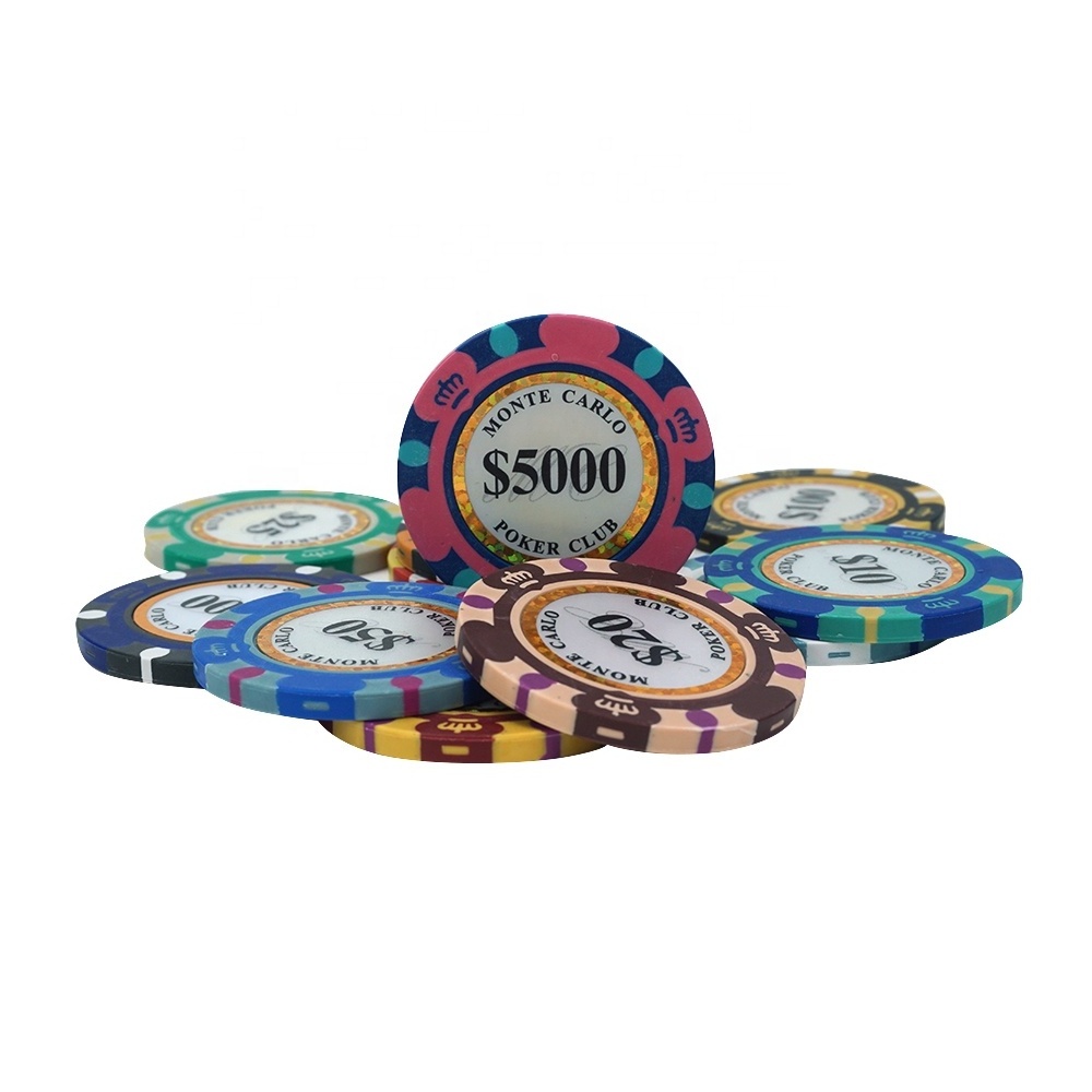 Wholesale low moq 11colored monte carlo three tone poker chips tournament clay 14g 50mm pack of 25 or 50pcs per roll for casino