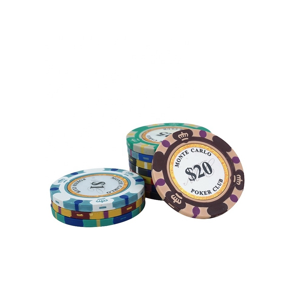 Wholesale low moq 11colored monte carlo three tone poker chips tournament clay 14g 50mm pack of 25 or 50pcs per roll for casino