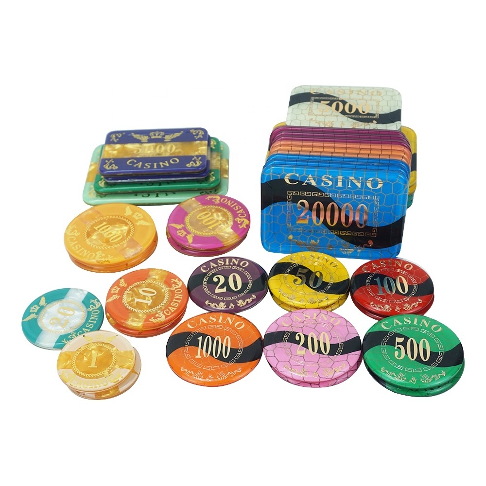 Kaile factory acrylic uv anti-fake poker chips round and plaque chip multi size with value custom logo for casino game