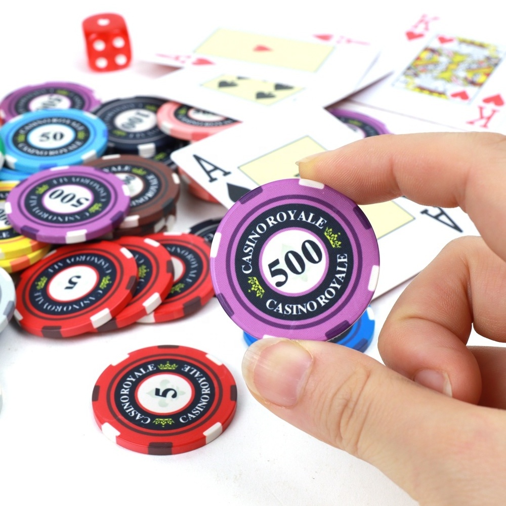 Casino royale ceramic poker chips 39mm 10g colored chips with custom denomination design 500pcs per inner foam box for games