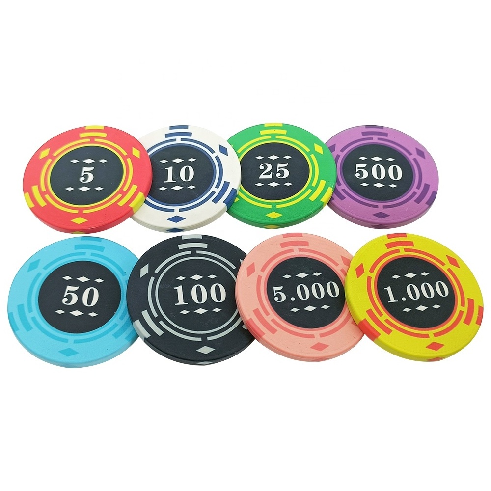 Kaile new design 39mm ceramic poker chips 10g with different value and custom logo as your request for casino table games