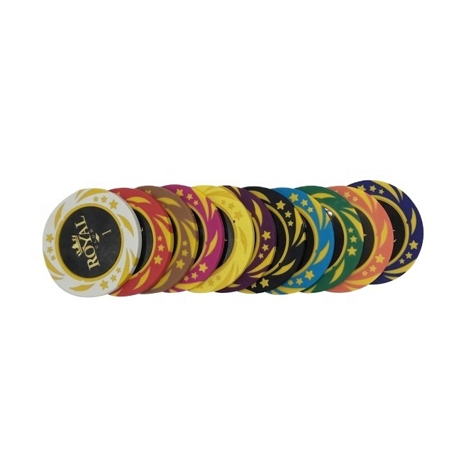 High quality premium 14g single clay poker chips 40mm casino grade royal crown chip with value stickers for poker club game