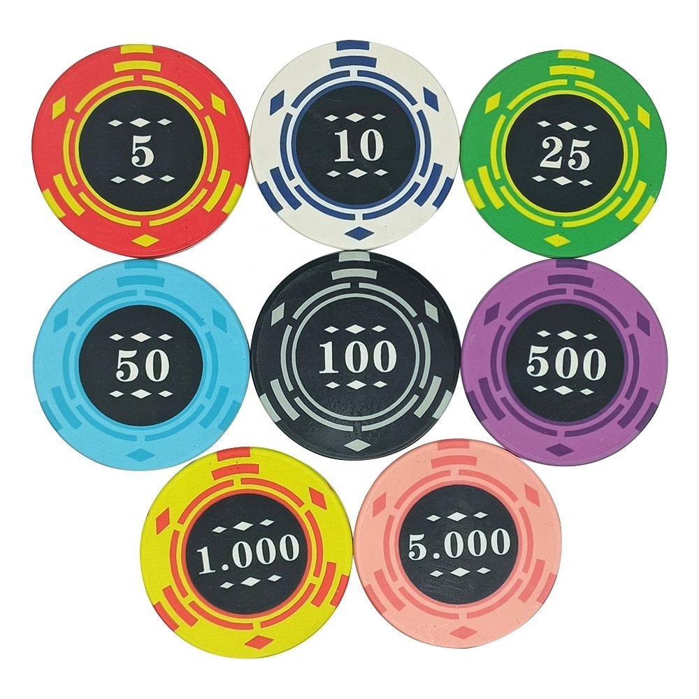 Kaile new design 39mm ceramic poker chips 10g with different value and custom logo as your request for casino table games