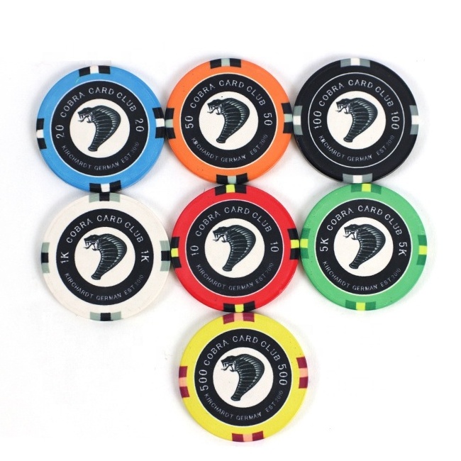 Wholesale colorful snake ceramic poker chips 10g  39mm 43 45 46 50 52 55 diameter custom logo free design for casino poker game