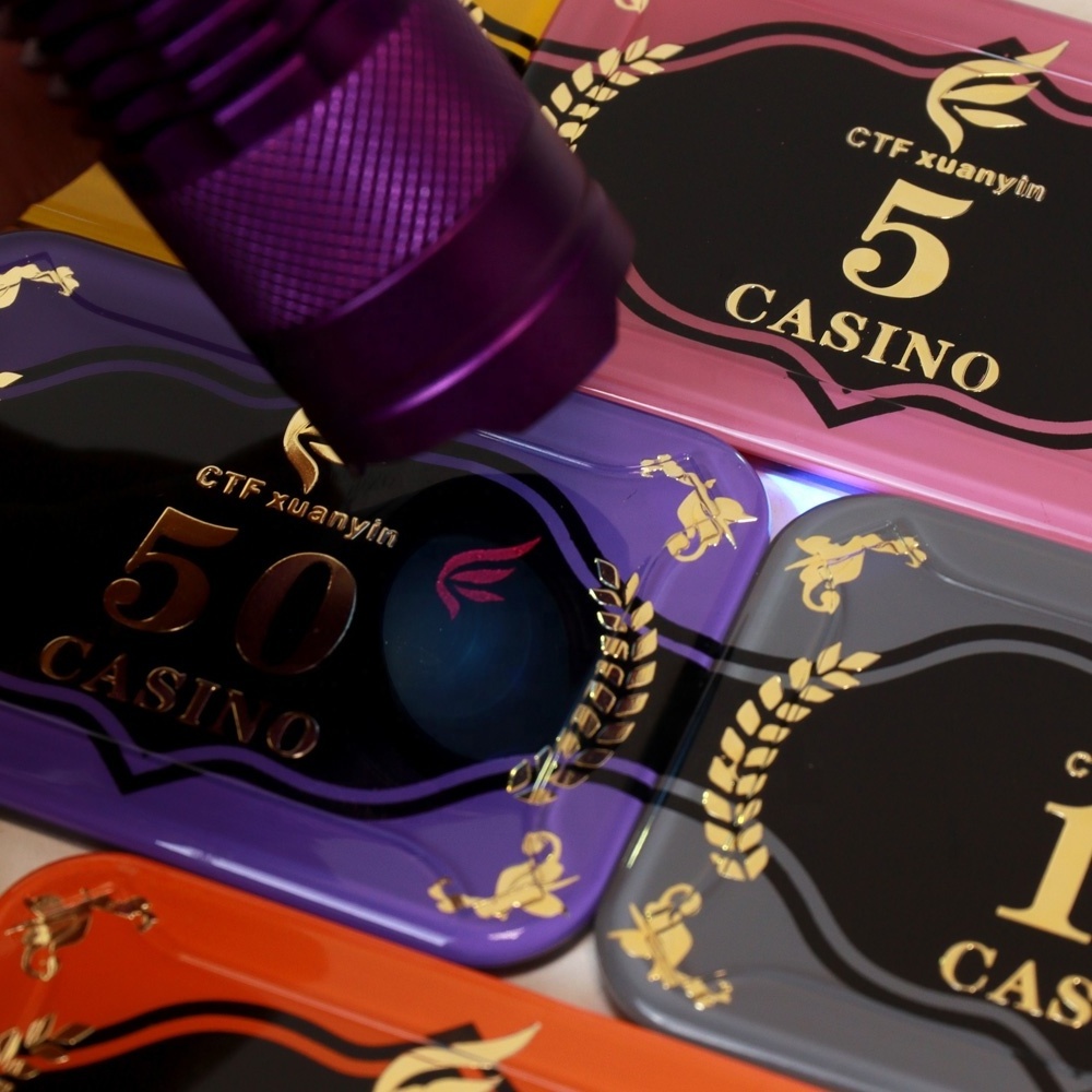 Professional acrylic poker chip plaque 68mm rectangle shape uv with custom logo value for casino royale gambling game