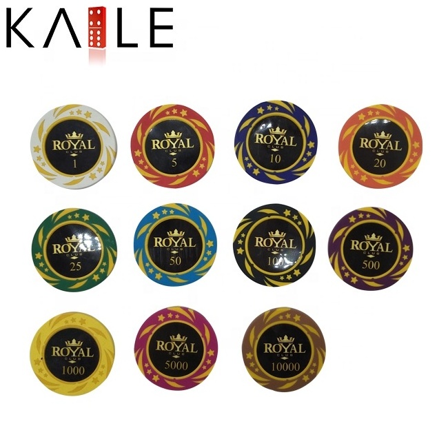 High quality premium 14g single clay poker chips 40mm casino grade royal crown chip with value stickers for poker club game