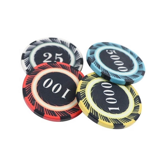 Custom made 10g ceramic poker chips 39mm with various color of blue red white yellow and number cash value for gambling game