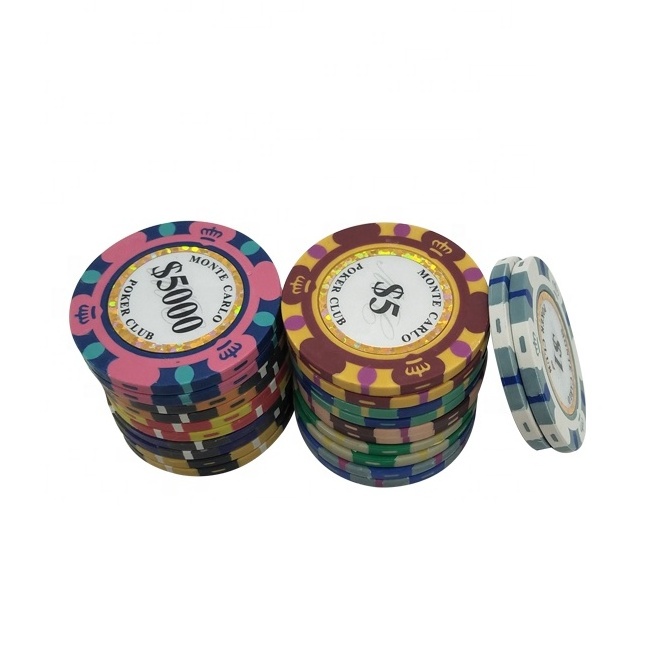 Casino quality clay poker chips 14g 40mm 3 tone monte carlo chip 11 colors pack of 25 or 50pcs per roll for casino grade game