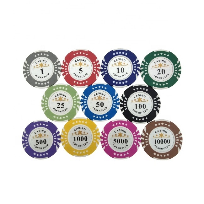 High quality 14g clay poker chips two tone five stars cutomzied stickers 40mm diameter chip fot casino entertainment products