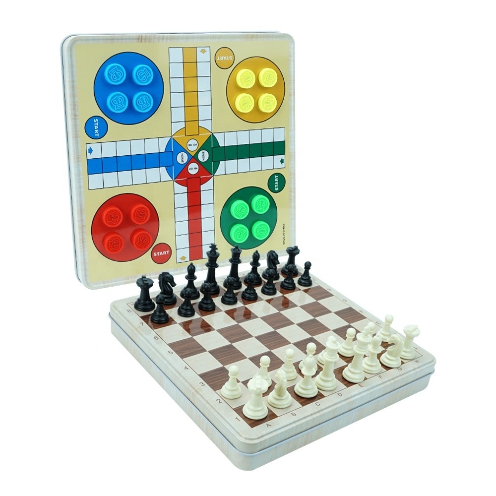 Manufacturers popular magnetic 2 in 1 chess and aeroplane chess board game set with tin box for education game