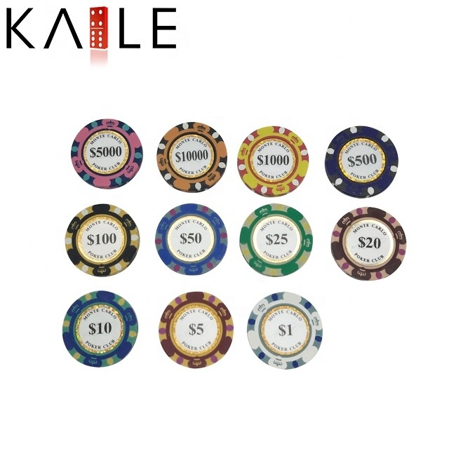 Casino quality clay poker chips 14g 40mm 3 tone monte carlo chip 11 colors pack of 25 or 50pcs per roll for casino grade game