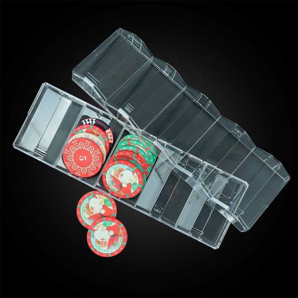 Best quality casino transparent 100ct poker chip trays with lid cover wholesale factory acrylic rack for storage 43mm 45mm chips