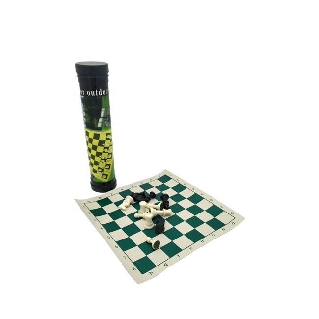 Wholesale plastic chess pieces game set with pu chess board in travel tube middle size for out adult child game playing