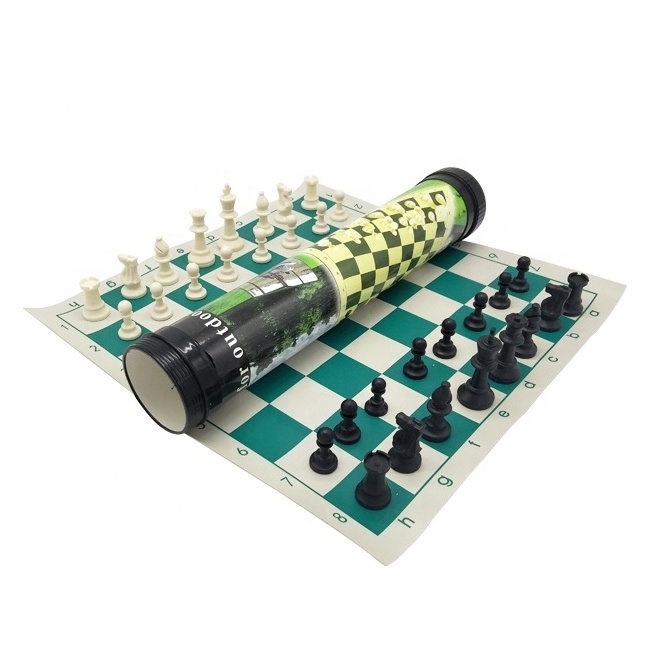 Wholesale plastic chess pieces game set with pu chess board in travel tube middle size for out adult child game playing