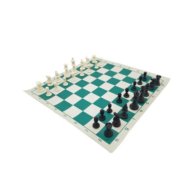 Wholesale plastic chess pieces game set with pu chess board in travel tube middle size for out adult child game playing