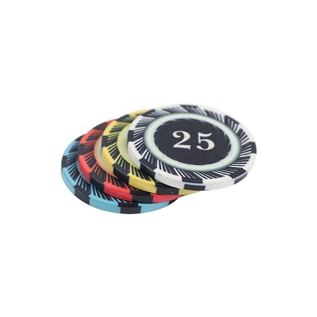 Custom made 10g ceramic poker chips 39mm with various color of blue red white yellow and number cash value for gambling game