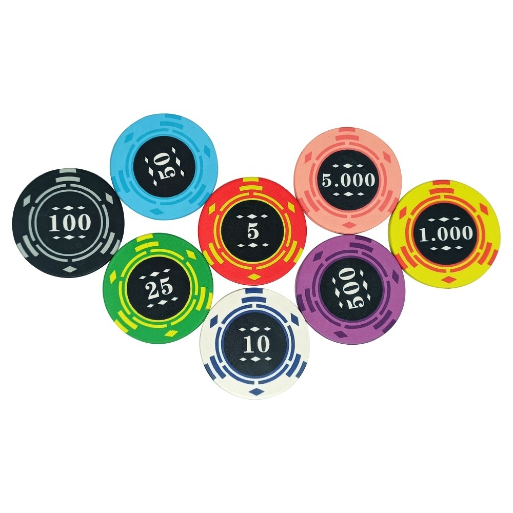 Kaile new design 39mm ceramic poker chips 10g with different value and custom logo as your request for casino table games