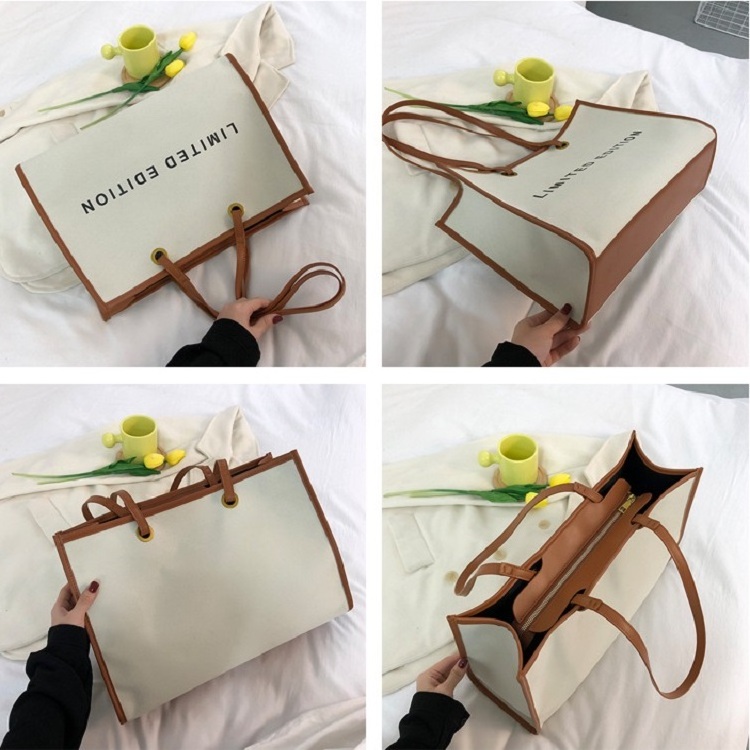 2023 Winter Designer Plain Canvas Shoulder Bag Large Capacity Classic Canvas PU Leather Tote Handbag with Sturdy Shoulder Strap