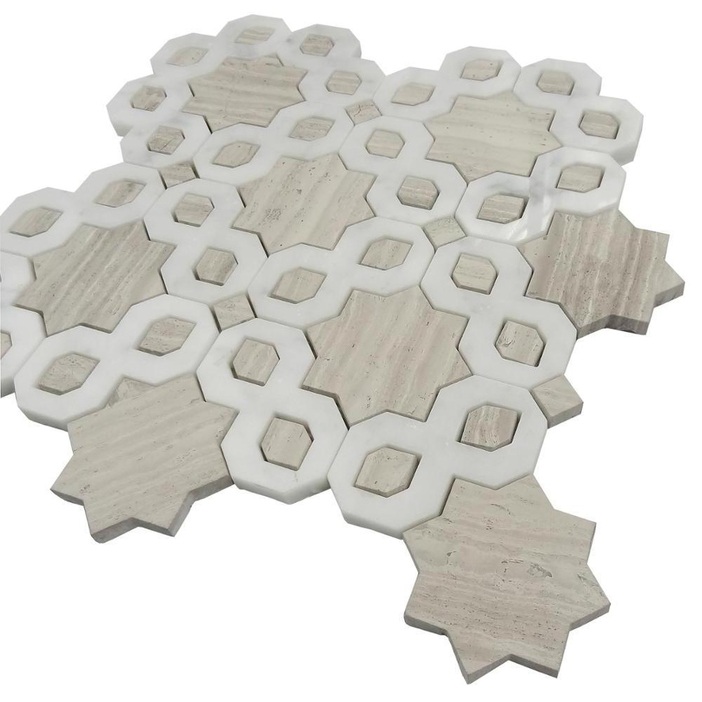 Interlocking wooden white carara white waterjet marble mosaic for shower backsplash