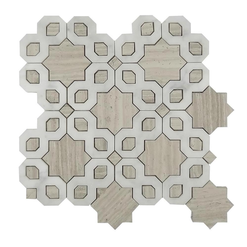 Interlocking wooden white carara white waterjet marble mosaic for shower backsplash