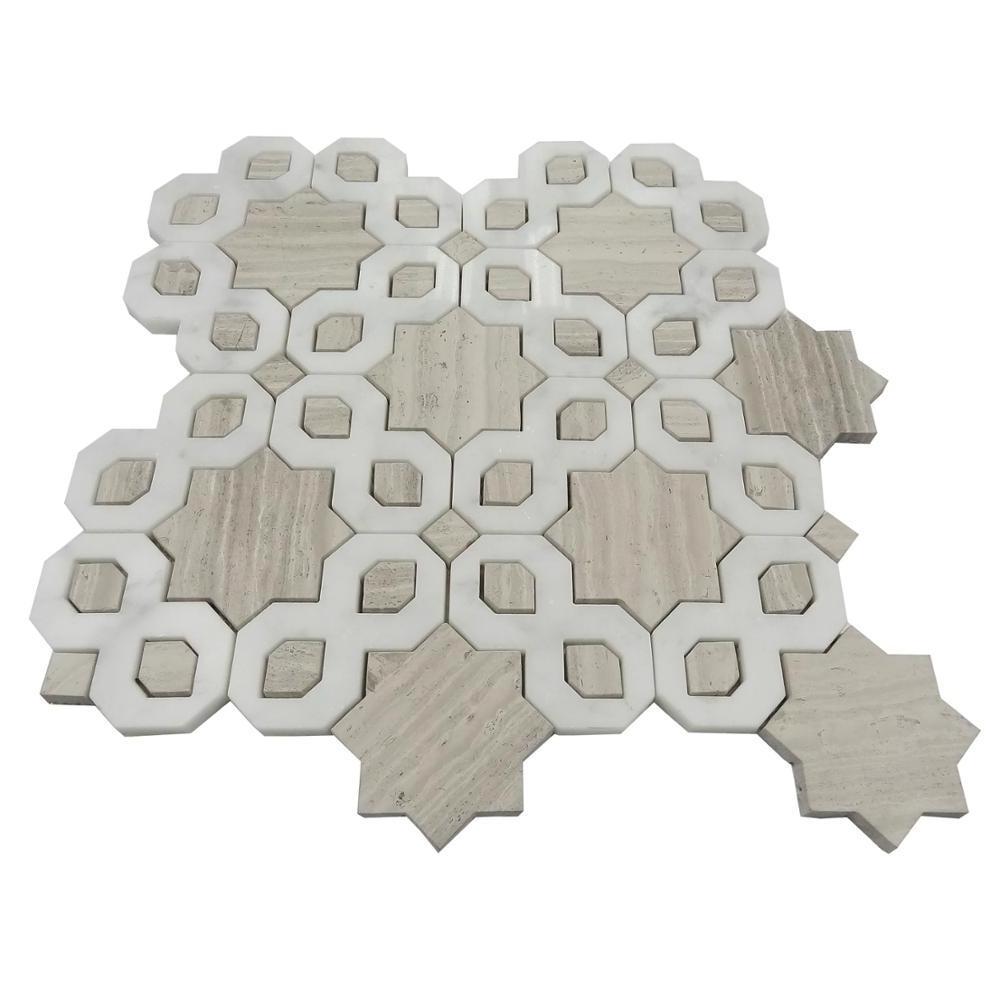 Interlocking wooden white carara white waterjet marble mosaic for shower backsplash