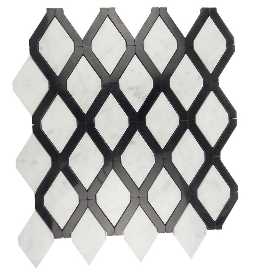 Marble Waterjet Mosaic Floor Tiles Carrara White Mix Pure Black Graphic Design Modern Tiles Polished Stone