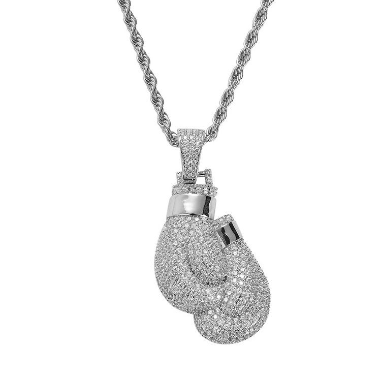 Hot Bling Boxing Gloves Pendant Necklace Rope Chain Cubic Zircon Men's Hip hop Jewelry