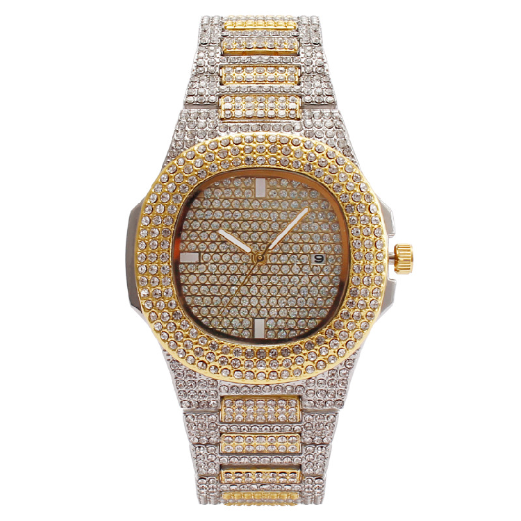 Best selling Top Brand Luxury Bling Quartz Square Men Watch Relojes Hip Hop Gold Full Diamond Iced Out Watch