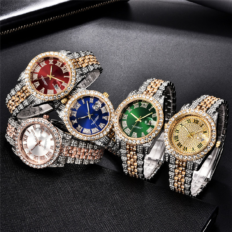 High Quality Hiphop Fashion Gold Plated Wrist Luxury Mens Diamond Iced Out stainless steel Quartz Watch For Men