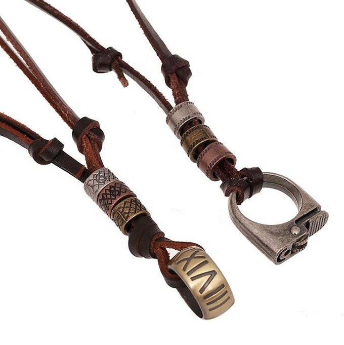 Fashion Leather Necklace Metal Pendant Lighter Ring Necklace For Hiphop Jewelry