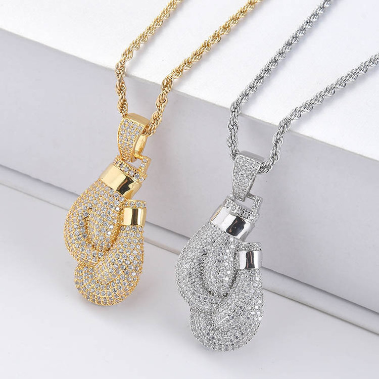 Hot Bling Boxing Gloves Pendant Necklace Rope Chain Cubic Zircon Men's Hip hop Jewelry