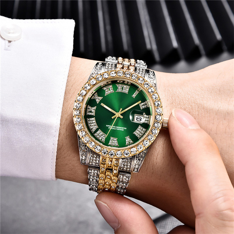 High Quality Hiphop Fashion Gold Plated Wrist Luxury Mens Diamond Iced Out stainless steel Quartz Watch For Men