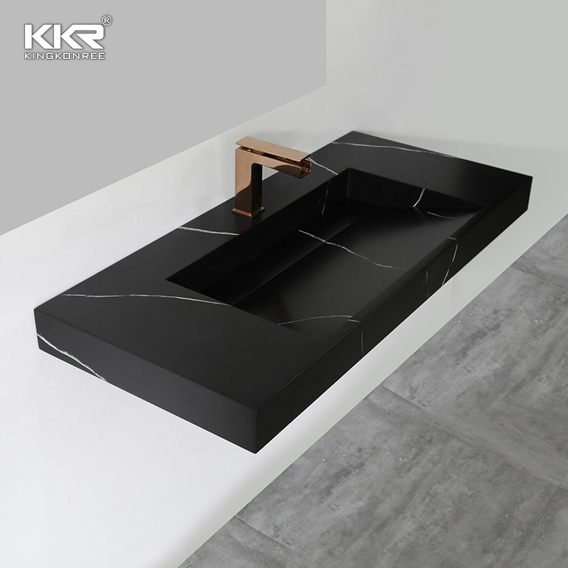 Public Bathroom Sinks Black Marble Cabinet Solid Surface Wash Basin With Countertop Suspended Double Sink