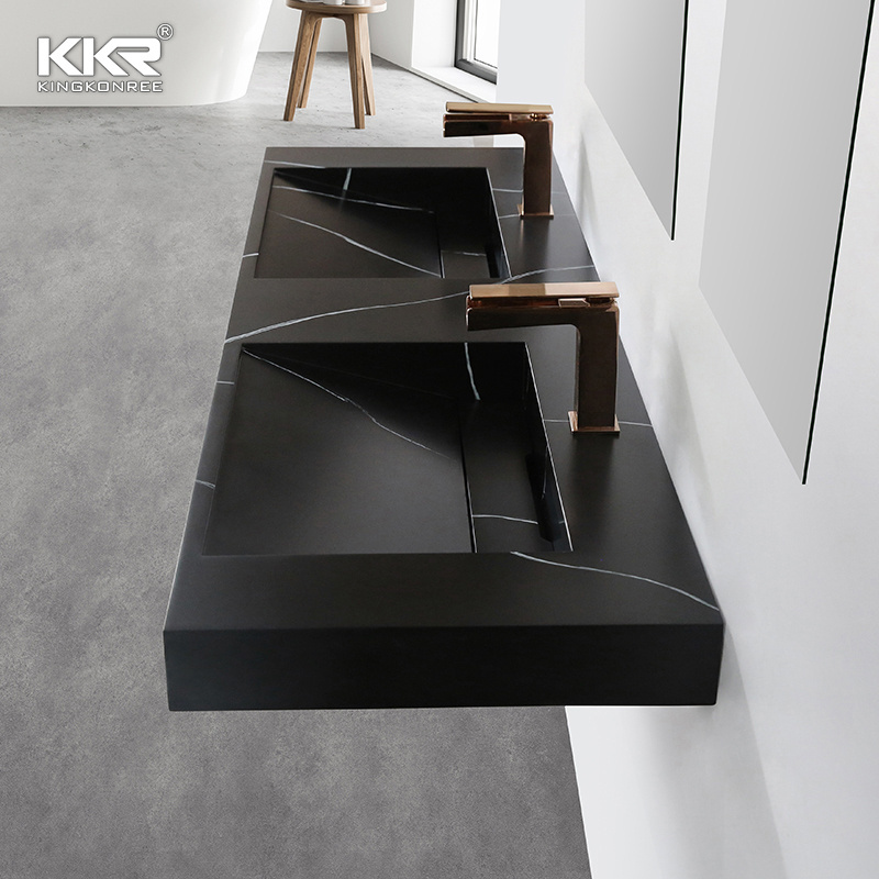 Public Bathroom Sinks Black Marble Cabinet Solid Surface Wash Basin With Countertop Suspended Double Sink