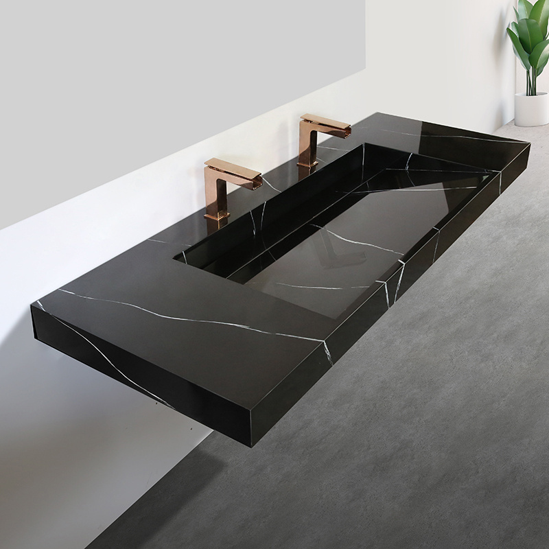 Public Bathroom Sinks Black Marble Cabinet Solid Surface Wash Basin With Countertop Suspended Double Sink