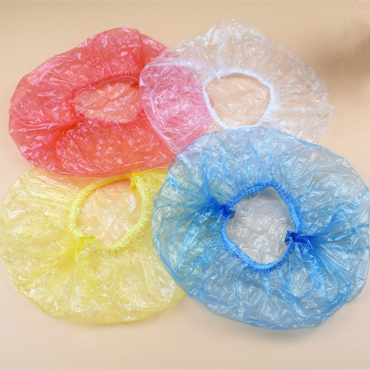 Disposable Waterproof Plastic PE Shower Bath Cap transparent Clear Hotel Bathroom white Strip Clip head cover