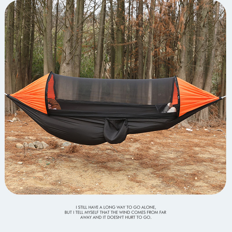 Custom Durable 210T Nylon Tree Strap Travel Bed With Mesh Auto Folding Hammock Swing With Mosquito Net