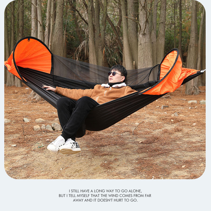 Custom Durable 210T Nylon Tree Strap Travel Bed With Mesh Auto Folding Hammock Swing With Mosquito Net