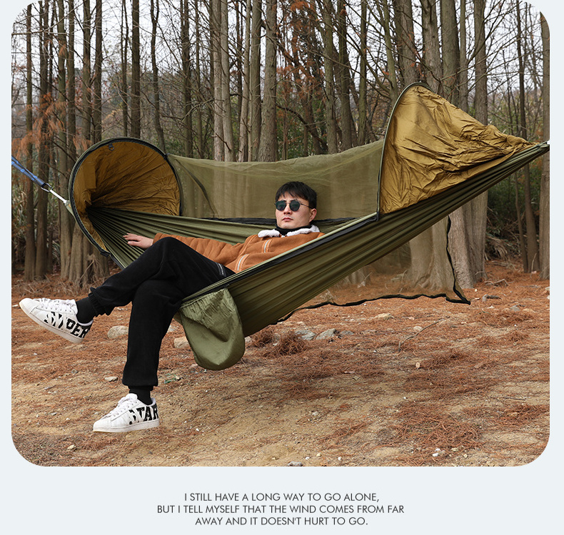 Custom Durable 210T Nylon Tree Strap Travel Bed With Mesh Auto Folding Hammock Swing With Mosquito Net