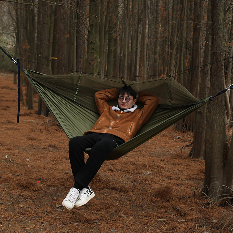 Wholesale Portable Outdoor Navy Green 210T Nylon Parachute Camping Swing Tent Hammock With Mosquito Net